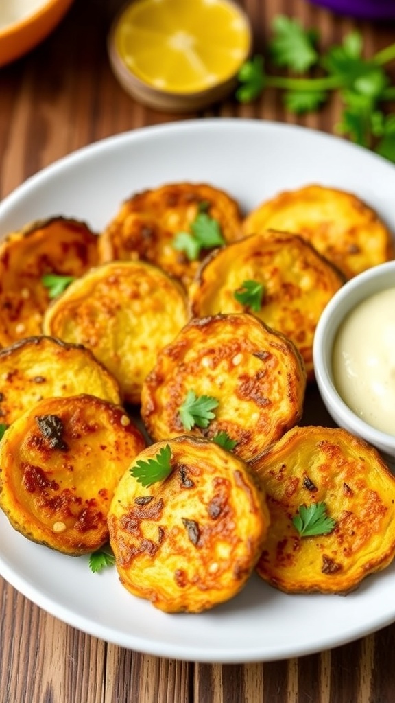 Crispy Oven-Fried Squash Recipe Crispy oven-fried squash rounds served on a plate with herbs and dipping sauce.